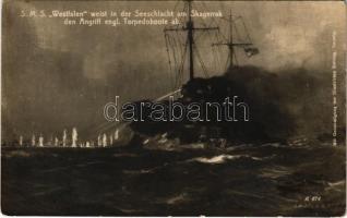 SMS Westfalen weist in der Seeschlacht am Skagerrak den Angriff engl. Torpedoboote ab / WWI Imperial German Navy (Kaiserliche Marine) art postcard, SMS Westfalen Nassau-class dreadnought battleship (fl)