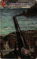 Unsere Gefürchteten. Ein 42 cm Geschütz am engl. Kanal in Stellung gebracht / A 42 cm ágyúk / WWI Imperial German Navy (Kaiserliche Marine) art postcard, cannon. M.B.L. 1461. (kopott sarkak / worn corners)