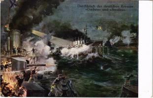 Durchbruch der deutschen Kreuzer "Goeben" und "Breslau" / WWI Imperial German Navy (Kaiserliche Marine) art postcard, mariners. B.K.W.I. 259-14.