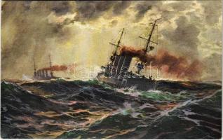 SMS Kreuzer "Kolberg" und "Prinz Adalbert" / WWI Imperial German Navy (Kaiserliche Marine) art postcard s: Hans Bohrdt