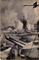 Beschiessung von Scarborough durch deutsche Kriegsschiffe / WWI Imperial German Navy (Kaiserliche Marine) art postcard. s: Willy Stöwer (Rb)