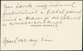 1931 Krausz Miksa, a cionista Zsidó Nemzeti Alap magyarországi irodájának vezetője 1918-1921 között, autográf gratuláló sorai saját névjegykártyáján