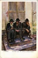 Lwowskie typy. W niedziele na Krakowskiem / Types of Lviv. Jewish men, Judaica art postcard s: J. Pstrak (EK)