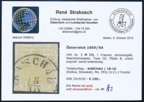 1kr MP III yellow "KASCHAU" Certificate: Strakosch 1kr MP III citromsárga "KASCHAU&qu...