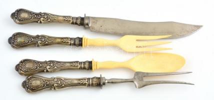 Ezüst(Ag) nyelű tálaló eszközök, jelzett, 4 db, h: 25 cm