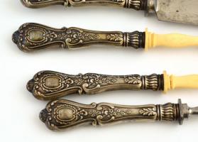 Ezüst(Ag) nyelű tálaló eszközök, jelzett, 4 db, h: 25 cm