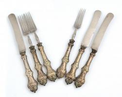 Ezüst(Ag) nyelű kés és villa, 3+3 db, h: 18 és 20 cm