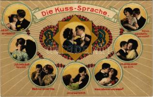 Die Kuss-Sprache. Romantic couple kissing, art postcard. Verlag Ferd. Morawetz. Emb. (tiny holes)