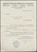 1937 Gróf Zichy János (1868-1944), a Magyar Királyság korábbi kultuszminisztere, legitimista politikus, a Nemzeti Szalon Művészeti Egyesület elnöke levele Gerő Ödönnek (1863-1939), a Pester Lloyd műkritikusának, amelyben értesíti, hogy a Nemzeti Szalon tagjává választották. 1 géppel írt oldal, a Nemzeti Szalon fejléces papírján, Zichy János autográf aláírásával.