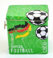 Focis zenélő fém doboz, jó állapotban, 12×12×9 cm