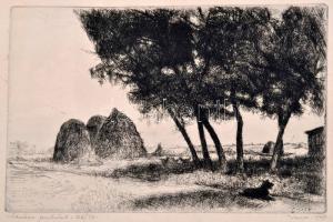 Varga Nándor Lajos (1895 - 1978): Akácos, pulival.  rézkarc, papír. Jelzett, sorszámozott 26/50 19x29 cm