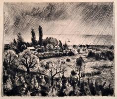 Iván Szilárd (1912-1988): Eső a Balatonon. Rézkarc, papír, jelzett, hajtásnyommal. 25x29 cm