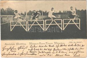 1899 Über die Hürde. Spielplatz Gräflfing. Männer-Turn-Verein München / hurdle race, Mens gymnastics club Munich (vágott / cut)