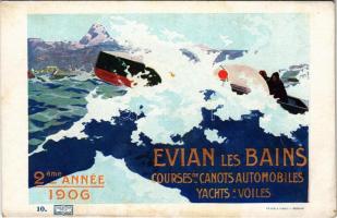 1906 2eme Année. Évian-les-Bains, Courses de Canots automobiles, Yachts a Voiles / French motorboat race advertising art postcard (fl)