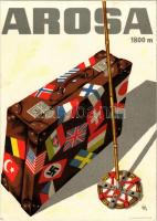 1936 Arosa. Swiss winter sport and ski art postcard, flags of Nazi Germany (swastika), United Kingdom, America, Sweden, Japan, etc. on the suitcase, ski pole s: Alex Walter Diggelmann (fl)