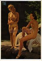 Im Lebensfrühling. München Haus der Deutschen Kunst / Erotic nude ladies. NSDAP German Nazi Party propaganda art postcard s: Johann Schult