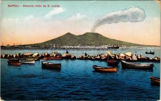 Napoli, Naples; Vesuvio visto da S. Lucia / Mount Vesuvius, fishing boats (worn corner)