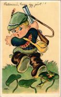 1943 Hunter boy with rifle and frogs, humour art postcard. Cecami N. 788. (wet corner)