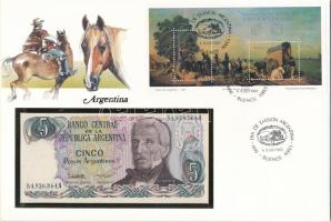 Argentína 1983-1984. 5P felbélyegzett borítékban, bélyegzéssel T:I  Argentina 1983-1984. 5 Pesos in envelope with stamp and cancellation C:UNC