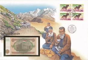 Tádzsikisztán 1994. 1R borítékban, alkalmi bélyeggel és bélyegzéssel T:I  Tajikistan 1994. 1 Ruble in envelope with stamps and cancellations C:UNC