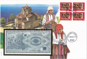 Macedónia 1992. 100D borítékban, alkalmi bélyeggel és bélyegzéssel T:I  Macedonia 1992. 100 Dinar in envelope with stamps and cancellations C:UNC