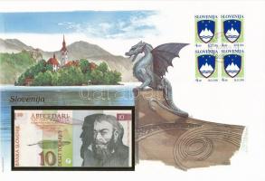 Szlovénia 1992. 10T borítékban, alkalmi bélyeggel és bélyegzéssel T:I  Slovenia 1992. 10 Tolarjev in envelope with stamps and cancellations C:UNC