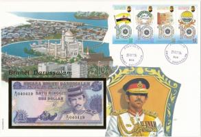 Brunei 1991. 1R felbélyegzett borítékban, bélyegzéssel T:I Brunei 1991. 1 Ringgit in envelope with stamp and cancellation C:UNC