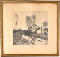 Novák Lajos (1927-1989): Vásárhelyi táj. Rézkarc, papír, jelzett, üvegezett keretben, 27×29 cm