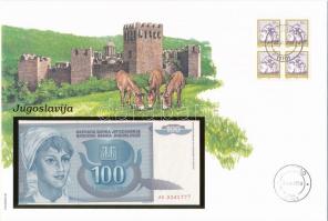 Jugoszlávia 1992. 100D felbélyegzett borítékban, bélyegzéssel T:I  Yugoslavia 1992. 100 Dinara in envelope with stamp and cancellation C:UNC