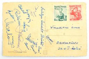 cca 1952 Az Aranycsapat és a Kispest tagjai által aláírt képeslap Bécsből küldve:Rákóczi, Puskás, Kocsis, Grosics, Budai és mások