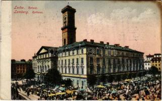 1923 Lviv, Lwów, Lemberg; Ratusz / Rathaus / town hall, market, crowd (fl)
