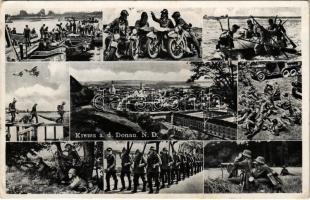 1943 Krems a. d. Donau, WWII German and Austrian military, soldiers marching, rowing, practicing, motorcycle unit (EK)