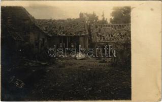1916 WWI German military, group of soldiers, ruins of destroyed houses. photo + Etappen-Kraftwagon-Kolonne Nr. 98 Briefstempel (EK)