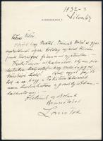 1932-33 Szilvesztere, Márk Lajos (1867-1942) festőművész autográf levele Gerő Ödön (1863-1939) újságírónak, a Pester Lloyd munkatársának, amelyben röviden és szellemesen megköszöni a kritikáját: Kiállításom alkalmából olyan piedesztára helyeztél - hogy valósággal büszkévé tettél! Csak egyet fájlalok és ez, hogy a te kitüntetésedet nem hordozhatom a gomblyukban, láthatóan. Egy beírt oldal, Márk Lajos Benczúr u. címével a fejlécen.