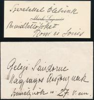 cca 1931-42 Márk Lajos (1867-1942) festőművész és felesége, Márk Lajosné Rózsi autográf aláírása és rövid baráti üdvözlő sorai Gerő Zsófiának (1895-1966), Gerő Ödön (1863-1939) újságíró lányának küldve és címezve. Eredeti borítékban, Márk Lajosné névjegykártyáján.
