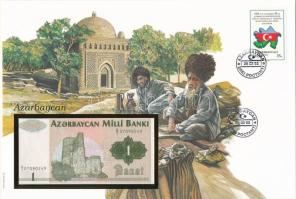 Azerbajdzsán 1992. 1M felbélyegzett borítékban, bélyegzéssel T:I 	 Azerbaijan 1992. 1 Manat in envelope with stamp and cancellation C:UNC