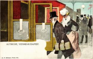 Autriche, Vienne-Budapest. K. F. Editeurs Paris 4104. / Vienna-Budapest train advertising art postcard. litho