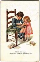 1918 Früh übt sich was ein Meister werden will / Children art postcard, drawing. E.A.S.B. 503/4. (EB)