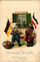 Herzinnigste Wünsche zum Namenstage / German patriotic Name Day greeting card with German flags. EAS. K. 1022. litho (fl)