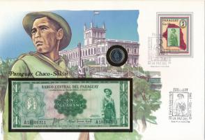 Paraguay Chaco katona érmés és bankjegyes, pecsételt boríték benne 1984. 1G rozsdamentesacél érmével és 1952. 1G bankjeggyel a PHILSWISS kiadásában, német leírással T:1,I