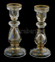 Üveg gyertyatartó, kézzel festett, kopásnyomokkal, apró csorbákkal, m: 9 cm