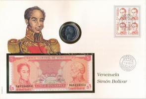 Venezuela Simon Bolivar érmés és bankjegyes, pecsételt boríték benne 1989. 5B Ni-acél érmével és 1989. 5B bankjeggyel a PHILSWISS kiadásában, német leírással T:1,I