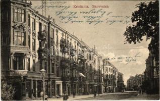 1910 Oslo, Christiania, Kristiania; Skovveien / street view, shops