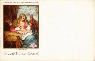 Római Éden Hotel litho hirdető reklám képeslapja Lit. L. Salomone, Il Presepio. Van Dyck (Galleria Corsini) Roma / Eden Hotel Rome litho advertising art postcard. Lit. L. Salomone