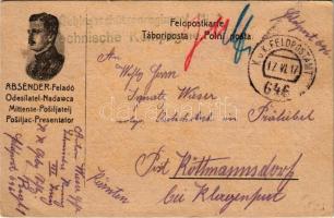1917 Első világháborús tábori postai levelezőlap IV. Károly király arcképével / WWI K.u.K. military field post postcard, Charles I of Austria. Feldpostkarte + Gebirgsschützenregiment Nr. 1. Technische Kompagnie K.U.K. FELDPOSTAMT 646 (EK)