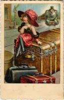 Lady waiting for the train at the railway station, locomotive. Italian art postcard. 2403. s: A. Bertiglia (EK)