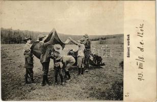 1913 Sátort verünk. Magyar Rotophot 677. / Hungarian boy scouts pitching a tent (gyűrődés / crease)