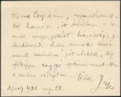 1931 aug. 25 Benedek Marcellné Győri Lujza (1884-1962) műfordító autográf gratuláló sorai, Gerő Ödön (1863-1939) újságíró lányának, Gerő Zsófiának a házasságkötéshez. Egy beírt oldal, kártyán. Eredeti borítékban.