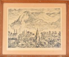 Szabó Vladimír (1905-1991): Nagymaros. Rézkarc, papír, jelzett. üvegezett keretben, 29x40 cm