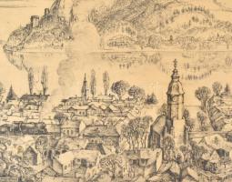 Szabó Vladimír (1905-1991): Nagymaros. Rézkarc, papír, jelzett. üvegezett keretben, 29x40 cm